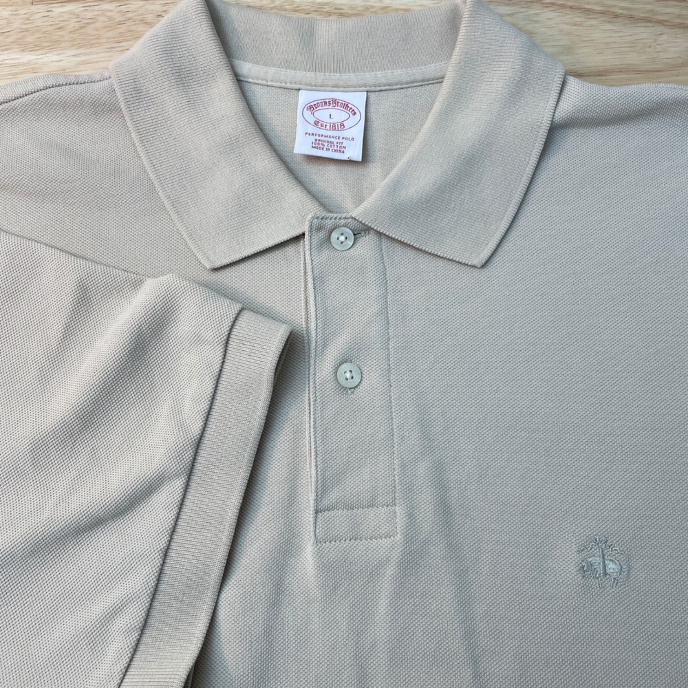 Brooks Brothers Mens Performance Polo Shirt Tan Beige Cotton Original Fit Large